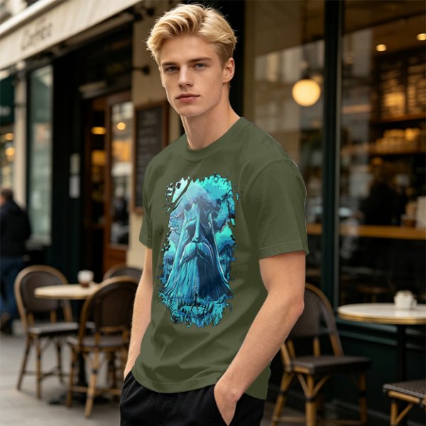 Olive Green T-Shirt With Mystical Ancient Tree Face Print