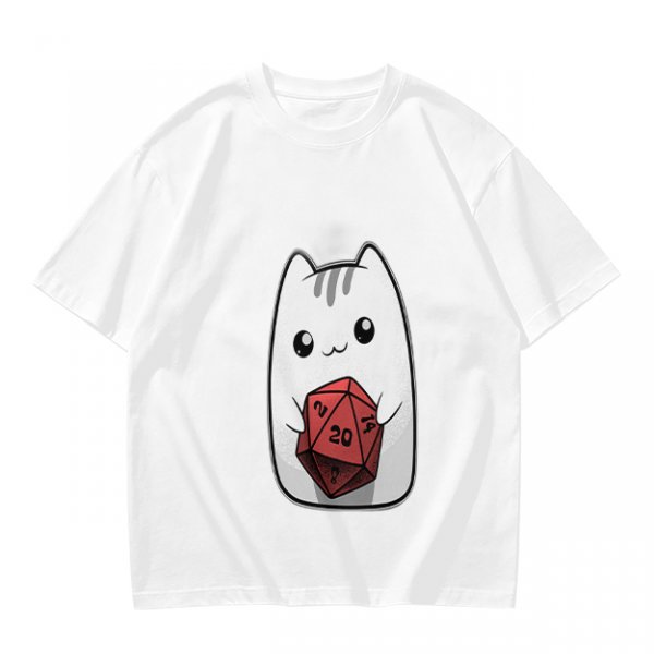 Olive T-Shirt With Cute White Cat Holding D20 Dice Print
