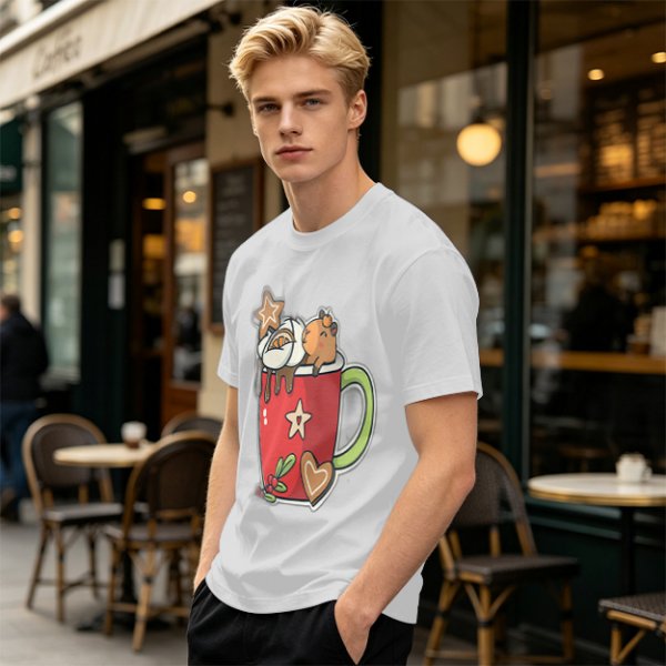Olive T-Shirt With Cute Capybara In Christmas Hot Cocoa Mug Print