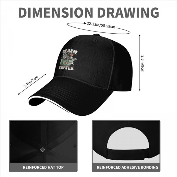 Black Baseball Cap With 'Death By Coffee' Skeleton Graphic