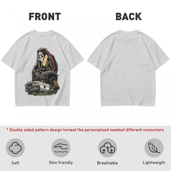 Olive T-shirt with Ghostface driving a Ghostbusters-style car graphic
