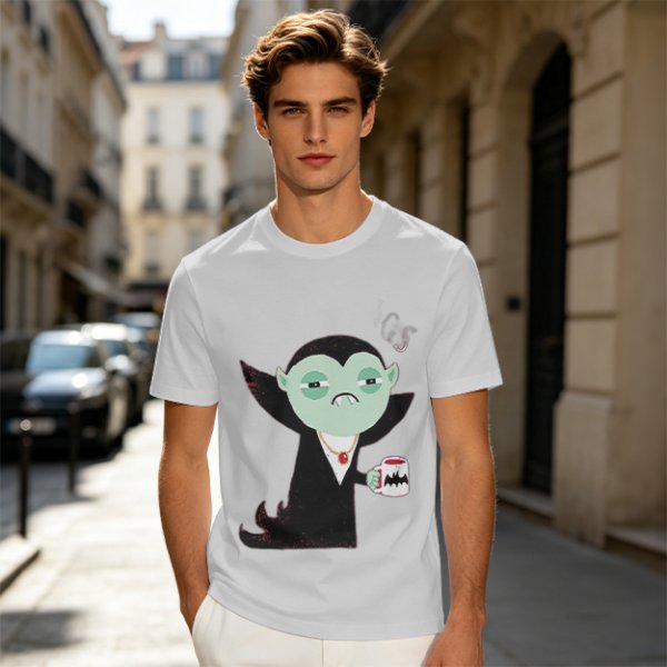 Olive T-Shirt With Tired Vampire Holding Bat Mug Graphic