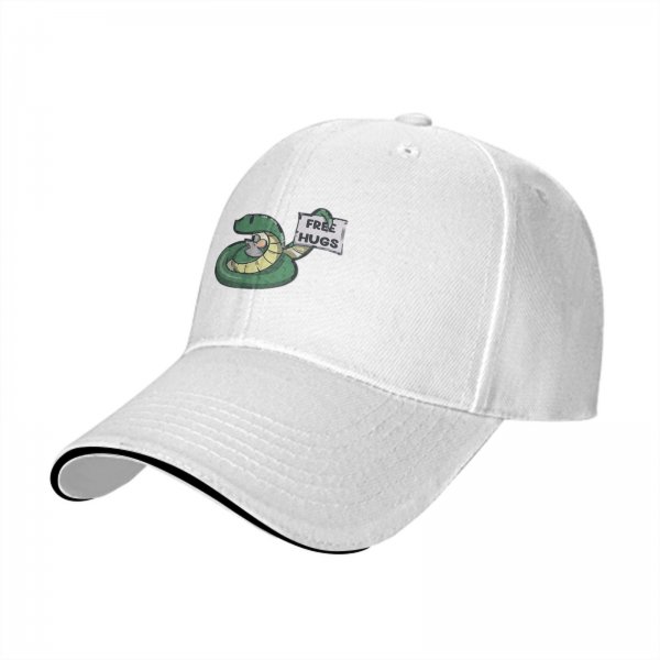 Black baseball cap with a snake holding a FREE HUGS sign and a mouse