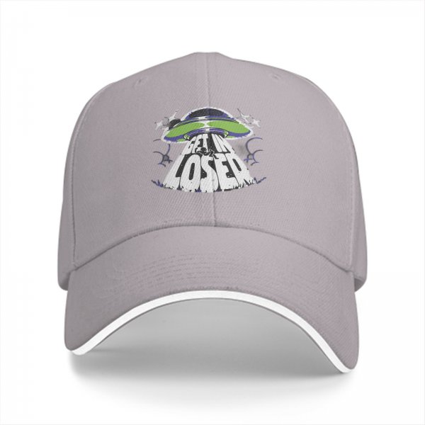 Black baseball cap with UFO and 'Get In Loser' graphic design