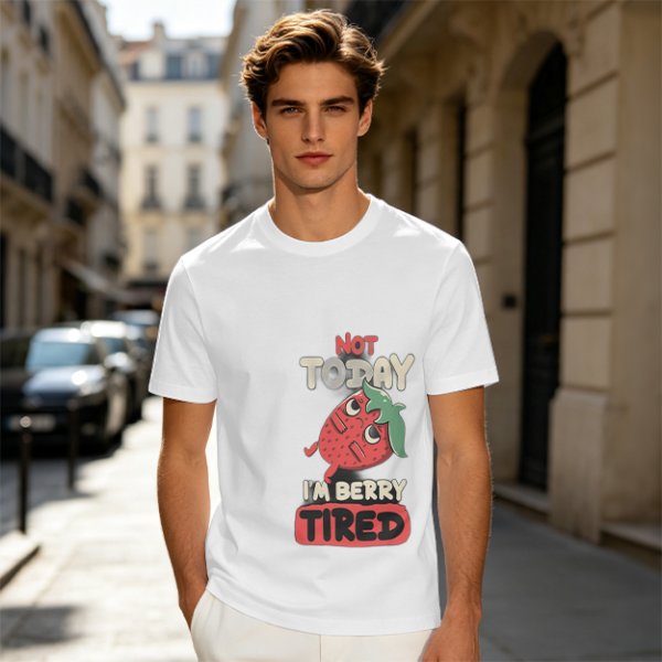 Olive T-Shirt with 'Not Today I'm Berry Tired' Strawberry Print