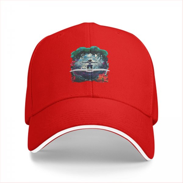 Black Baseball Cap With Fantasy Forest Figure And Red Floral Print