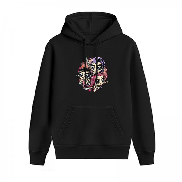 Black hoodie with chibi warrior girl characters graphic