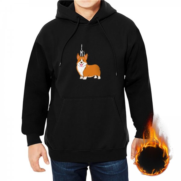 Black Hoodie With Cute Corgi Dog Graphic Print