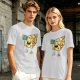 Olive T-shirt with a cartoon cheese taking a selfie and making a peace sign