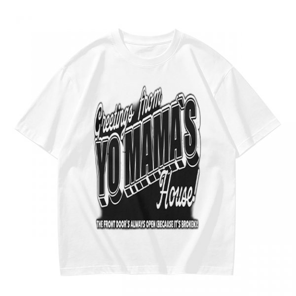 Olive green graphic t-shirt with 'Greetings from Yo Mama's House' print