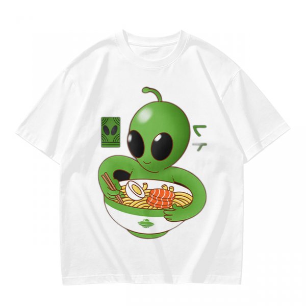Olive Green T-Shirt With Cute Alien Eating Ramen Graphic