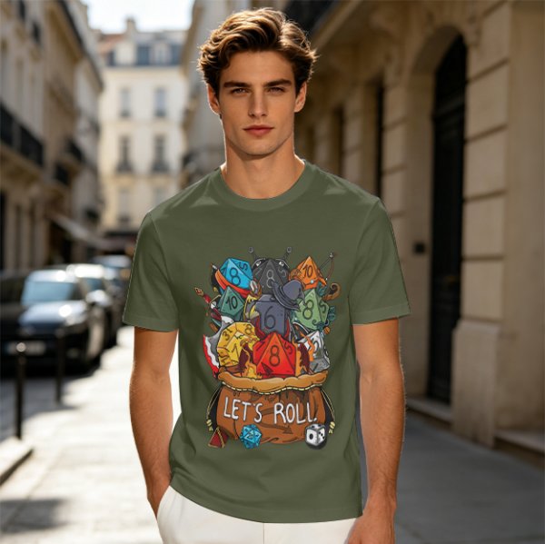 Olive Dungeons and Dragons Dice Bag Let's Roll Graphic T-Shirt