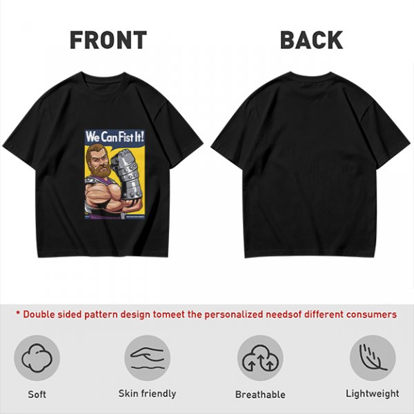 Olive graphic t-shirt with We Can Fist It! armored warrior print