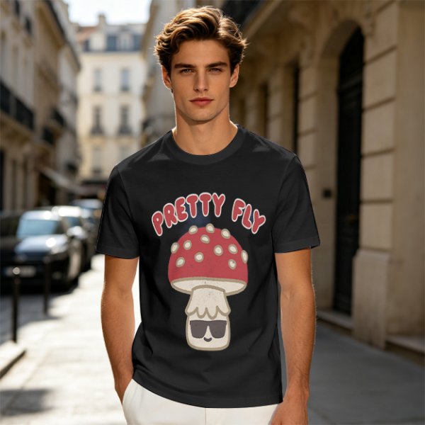 Olive green graphic t-shirt with 'Pretty Fly' and cool mushroom print