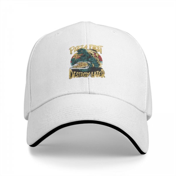Black baseball cap with pizza first destroy later godzilla graphic