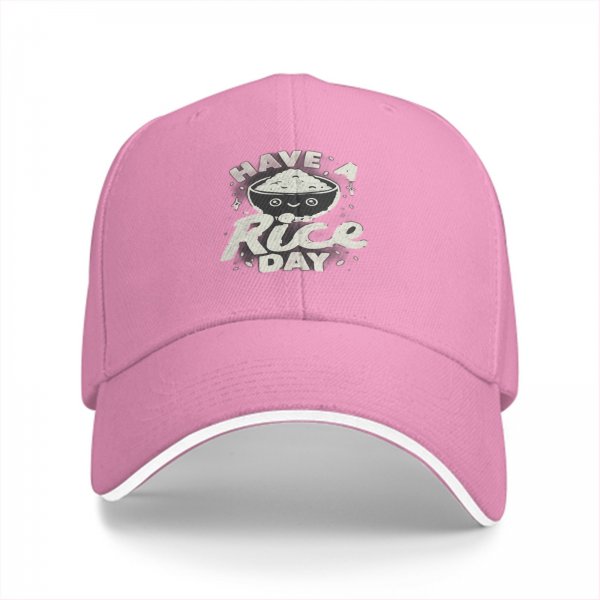 Black baseball cap with 'Have A Rice Day' kawaii rice bowl graphic