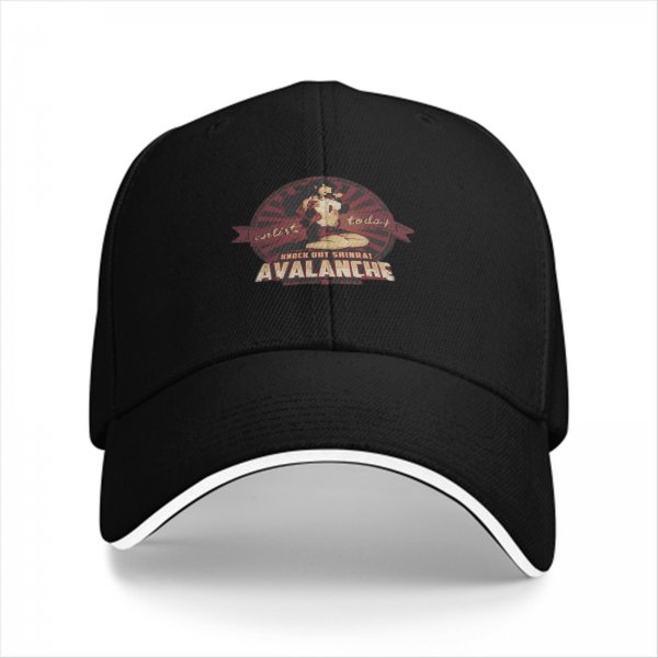 Black baseball cap with Avalanche Knock Out Shinra graphic print