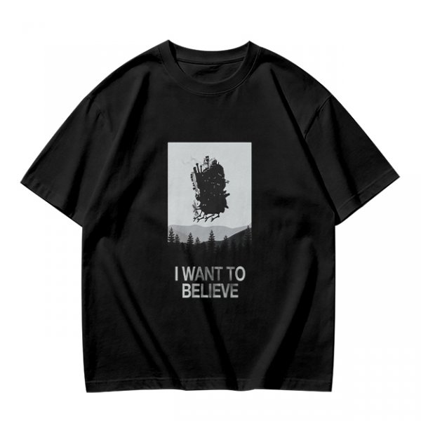 Olive t-shirt with 'I Want To Believe' UFO landscape print