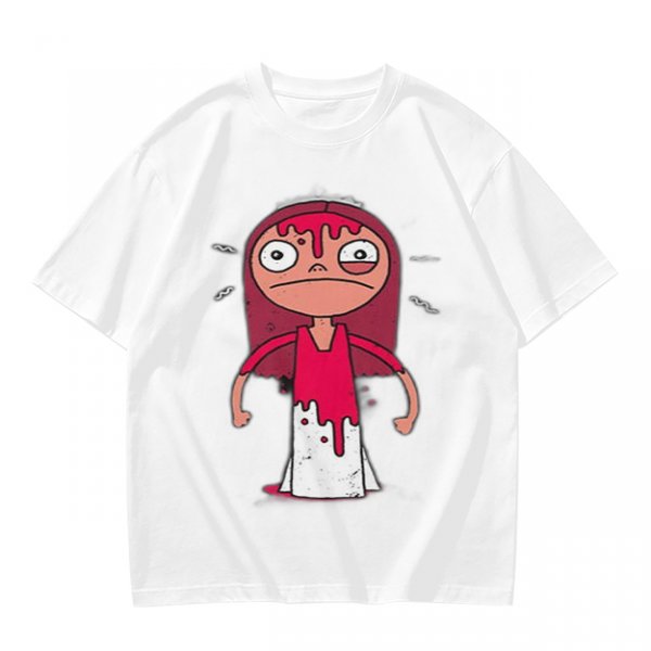 Olive Green T-Shirt With Creepy Cartoon Girl Print