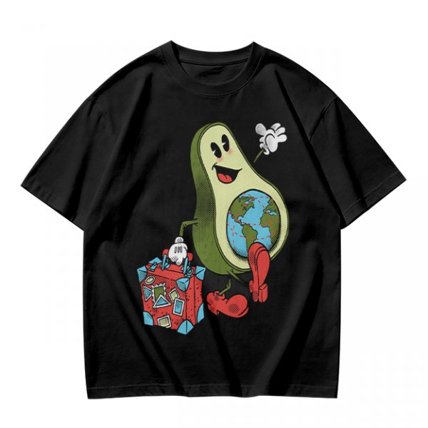 Olive T-Shirt with Cartoon Avocado Globe Travel Print
