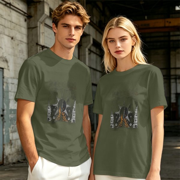 Olive green graphic t-shirt with symmetrical dark and orange artwork