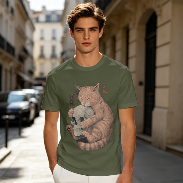 Olive T-Shirt Featuring a Ginger Cat Hugging a Skull