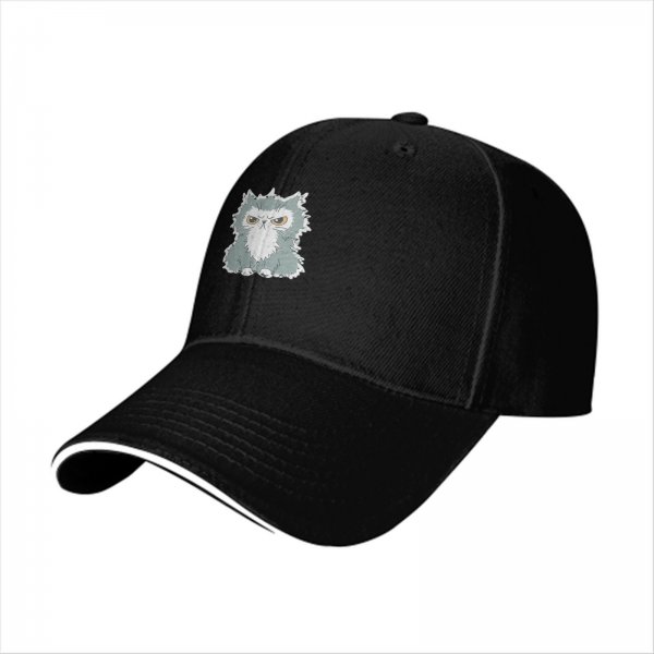 Black Baseball Cap With Grumpy Fluffy Grey Cat Graphic