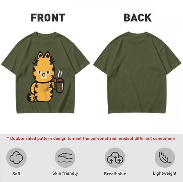 Olive T-Shirt With Grumpy Orange Cat Holding Hot Coffee Print