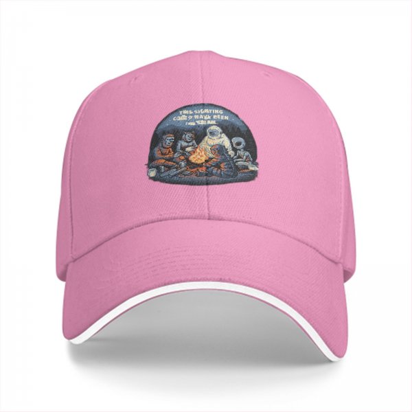 Black baseball cap with cryptid alien campfire graphic design