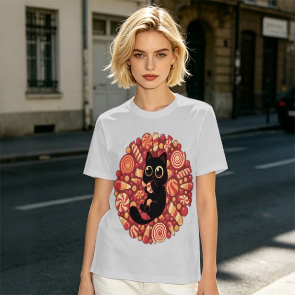 Olive T-Shirt With Cute Black Cat Holding Candy Surrounded By Sweets