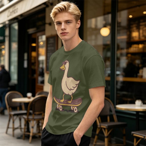 Olive T-Shirt Featuring a Cool Duck Wearing Sunglasses Riding a Skateboard