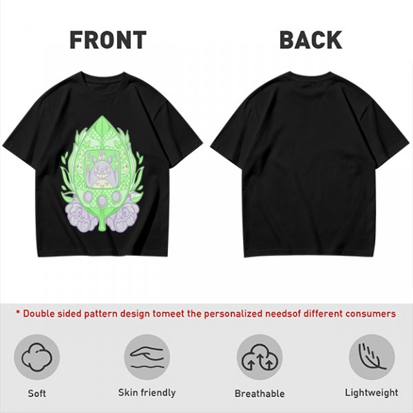 Olive Green T-Shirt With Leaf Shaped Tamagotchi Totoro Print