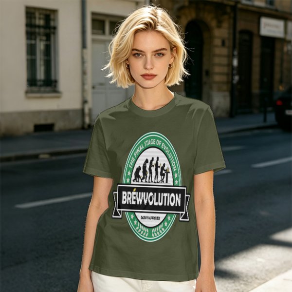 Olive t-shirt with 'Brewvolution' beer evolution graphic design