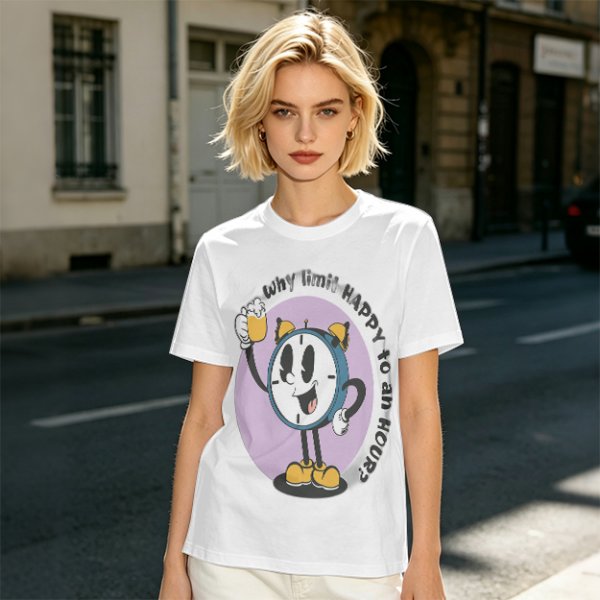 Olive T-Shirt With Cartoon Clock Holding Beer 'Happy Hour' Print