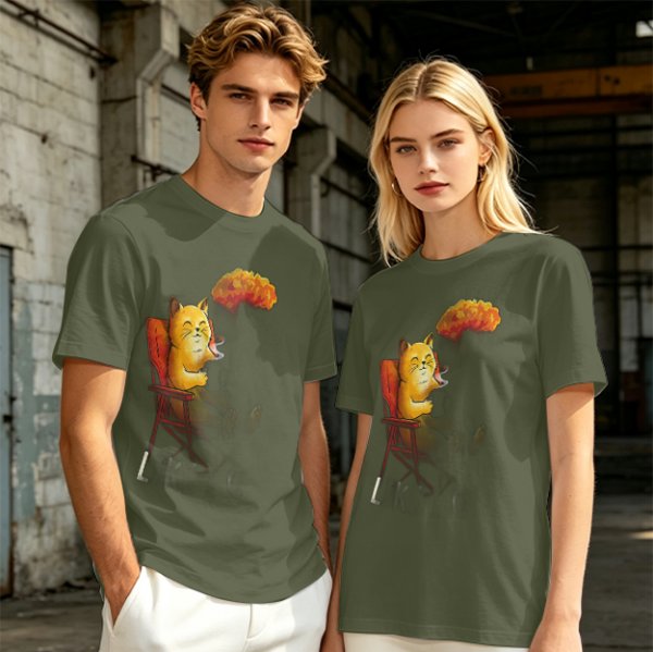 Olive T-Shirt Featuring a Relaxed Cat on a Chair with Fried Chicken Print
