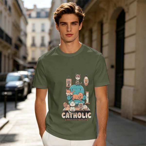 Olive T-Shirt With Funny Cat Graphic 'Catholic' Print