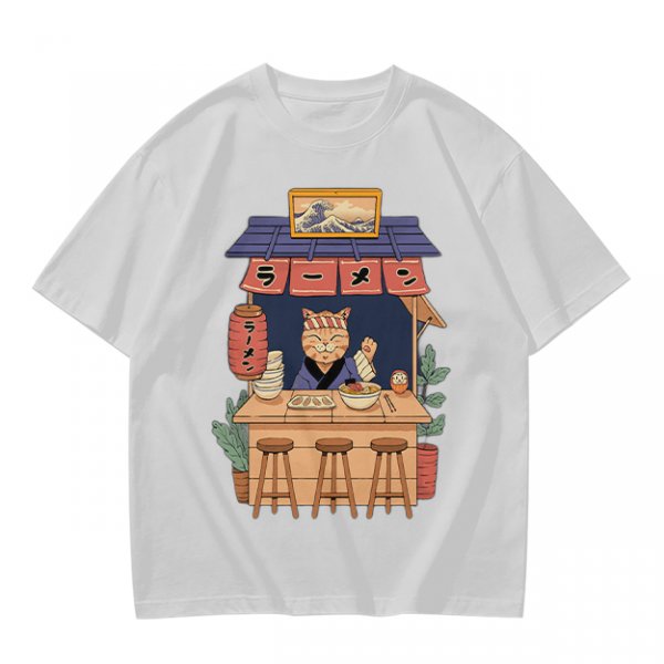 Olive T-Shirt with Cat Ramen Shop Artwork