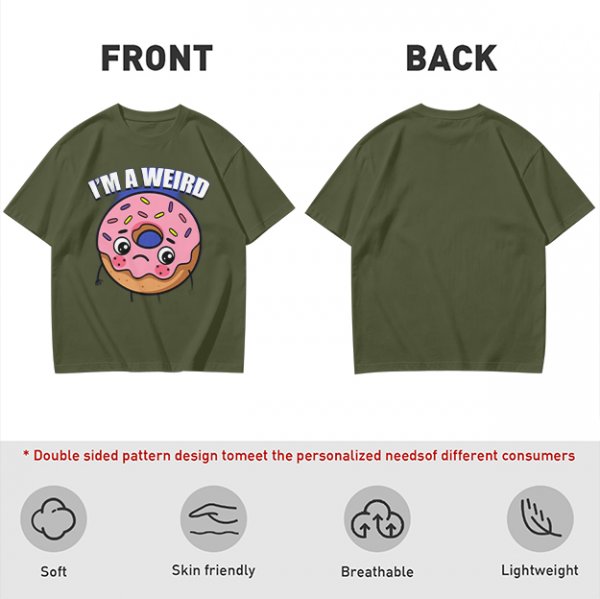 Olive green t-shirt with sad donut graphic and 'I'M A WEIRD' text