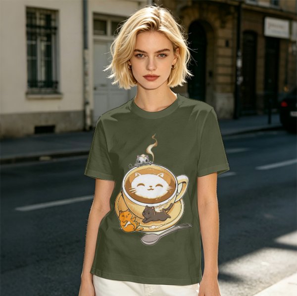 Olive Green T-Shirt With Cute Cat Latte Art And Kittens Print