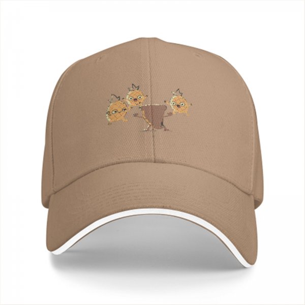 Black baseball cap with dancing pineapple and coffee cup characters