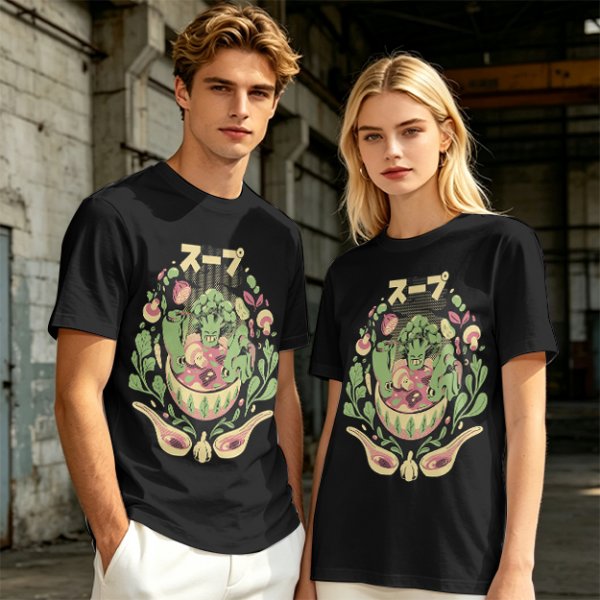 Olive green t-shirt with playful vegetable soup graphic print