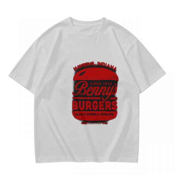 Olive green t-shirt with Benny's Burgers Hawkins Indiana graphic