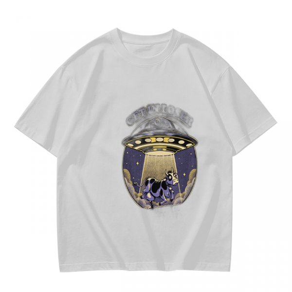 Olive Green T-Shirt with UFO Abducting Cow Graphic