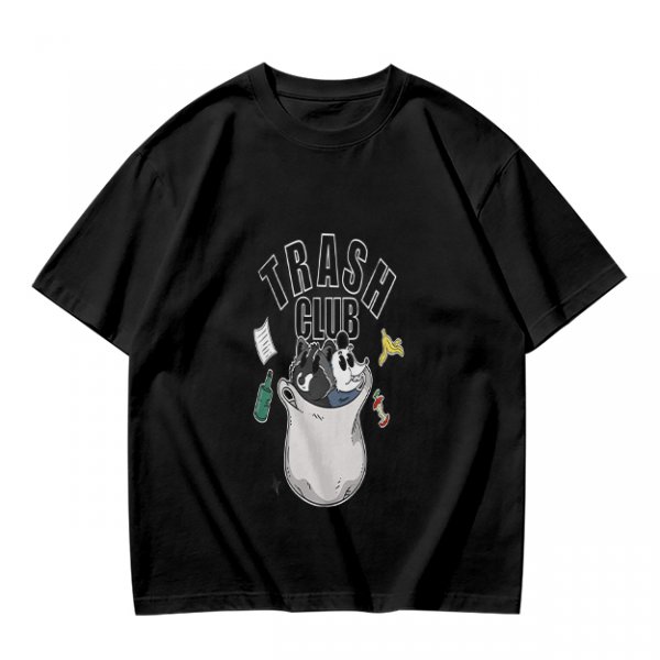 Olive graphic t-shirt with Trash Club raccoon and panda in trash can print