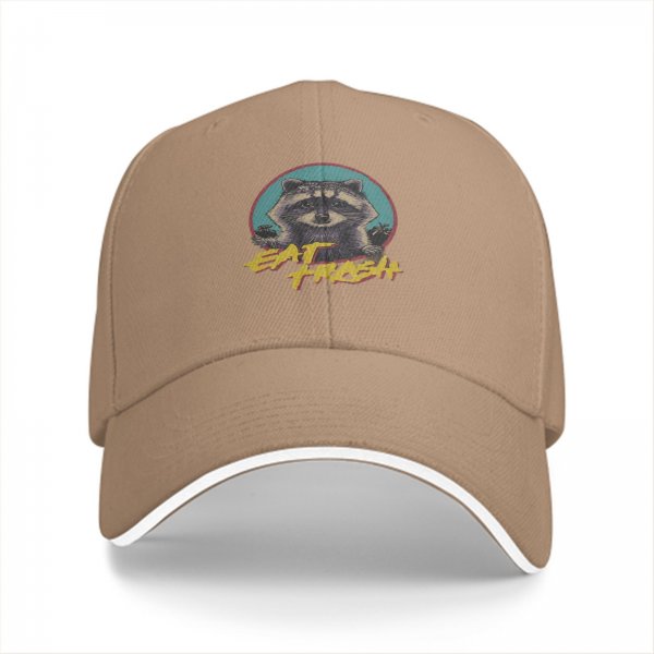 Black baseball cap with raccoon graphic and 'Eat Trash' text