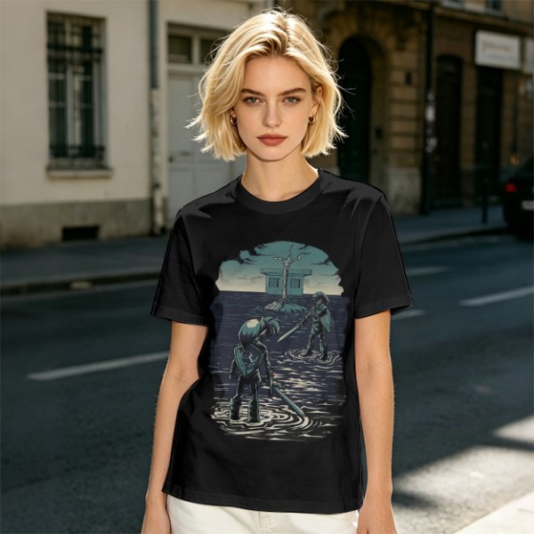 Olive T-shirt with two warriors standing in water holding swords