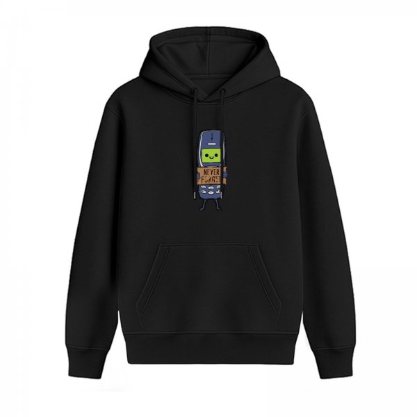 Black hoodie with retro mobile phone 'never forget' graphic