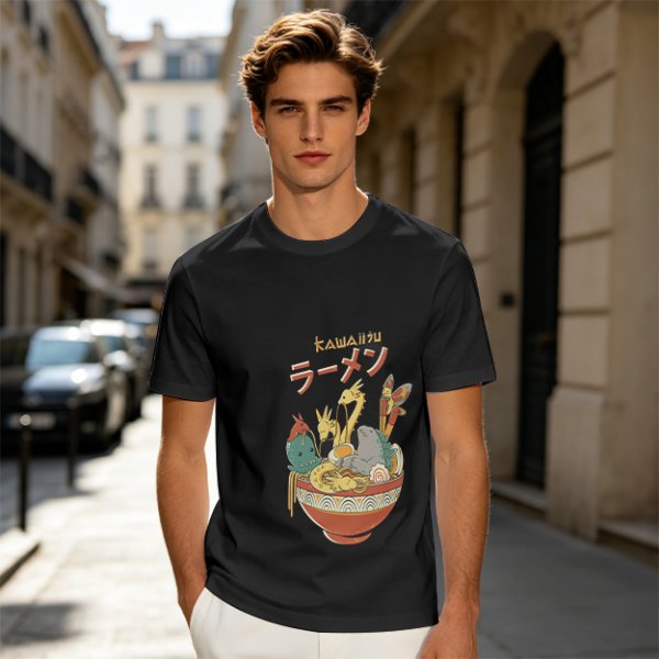 Olive T-Shirt with Kawaii Ramen Monster Bowl Graphic