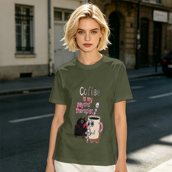Coffee is my psychotherapist graphic olive t-shirt