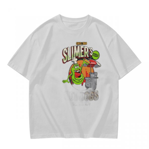 Olive green t-shirt with Slimer's Ghostbusters themed graphic print
